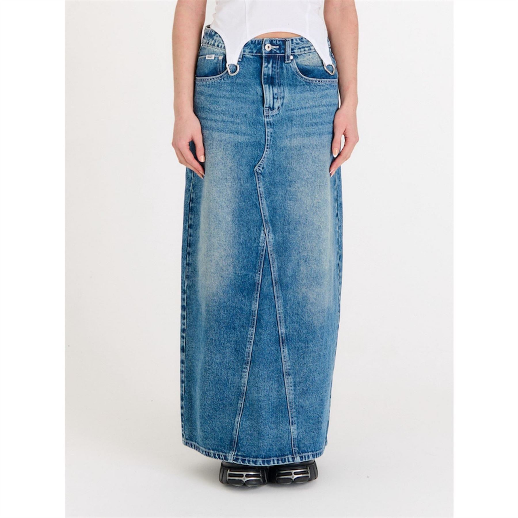 The Ragged Priest Maxi Bleach Blue Wash Denim Skirt