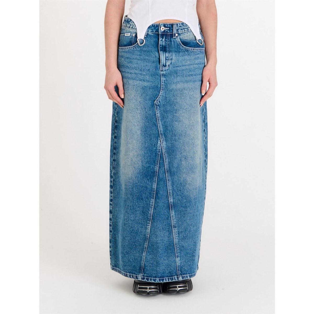 The Ragged Priest Maxi Bleach Blue Wash Denim Skirt