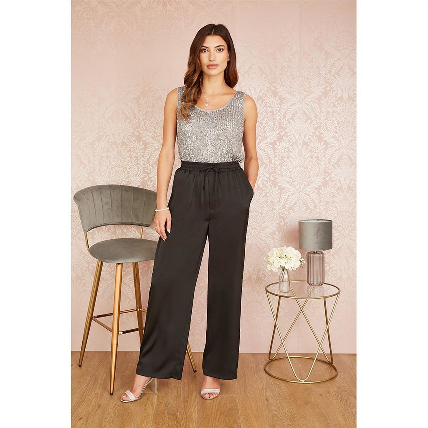 Yumi Black Satin Relaxed Wide Leg Trousers