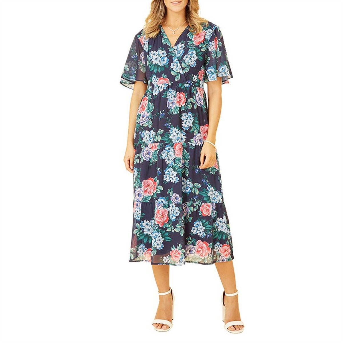Yumi Green Floral V-Neck Midi Tiered Dress