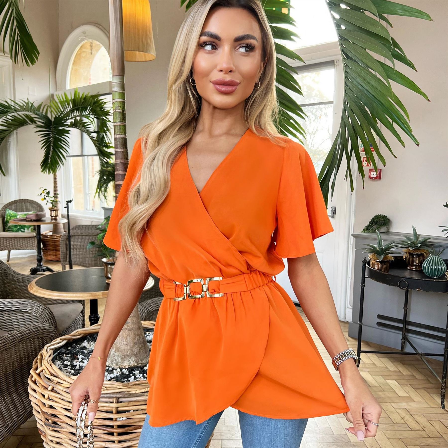 AX Paris Short Sleeve Wrap Belted Top