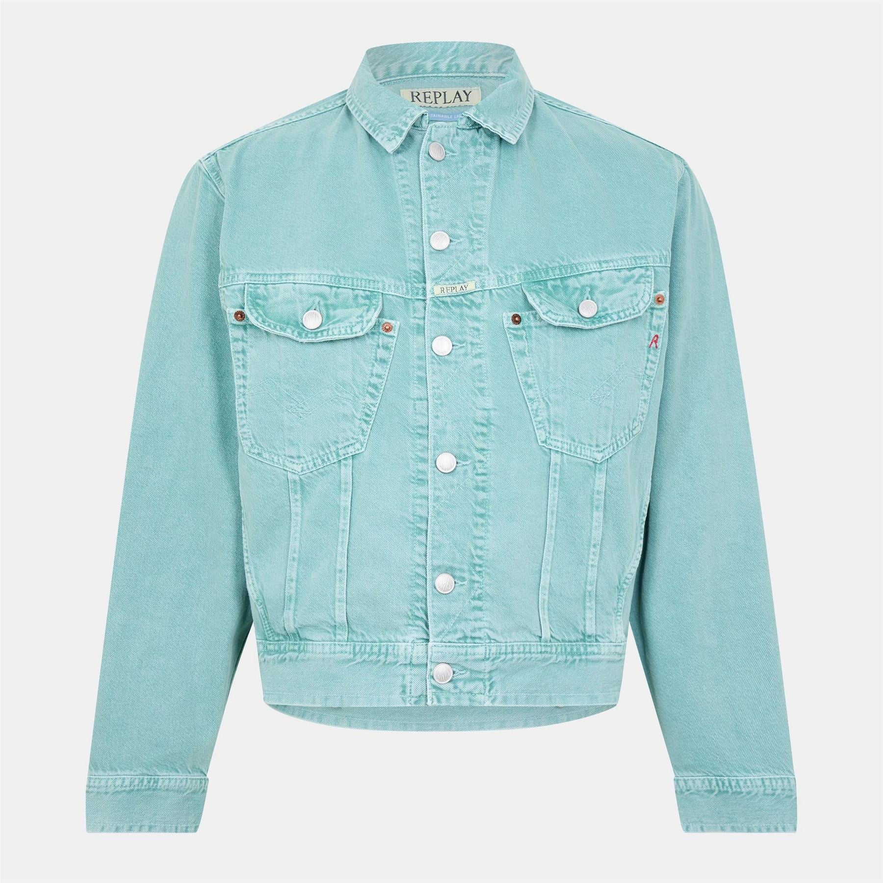 Replay Solid Patterned Snap Button Denim Jacket with Pockets