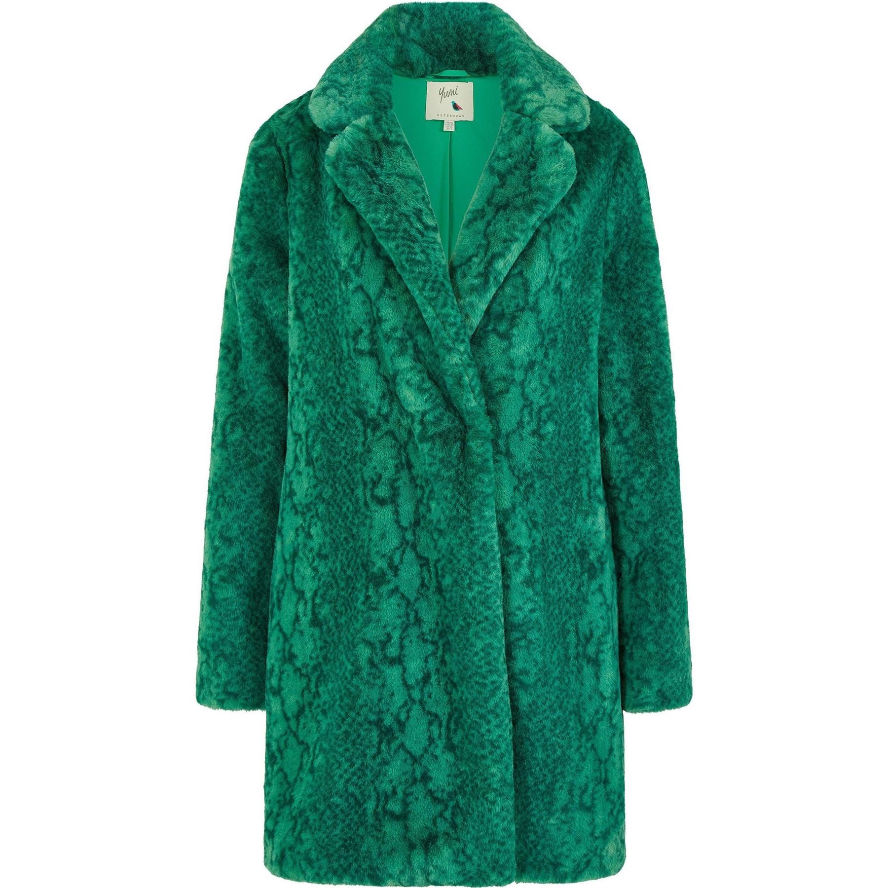 Yumi  Green Snakeskin Print Faux Fur Mid Thigh Coat