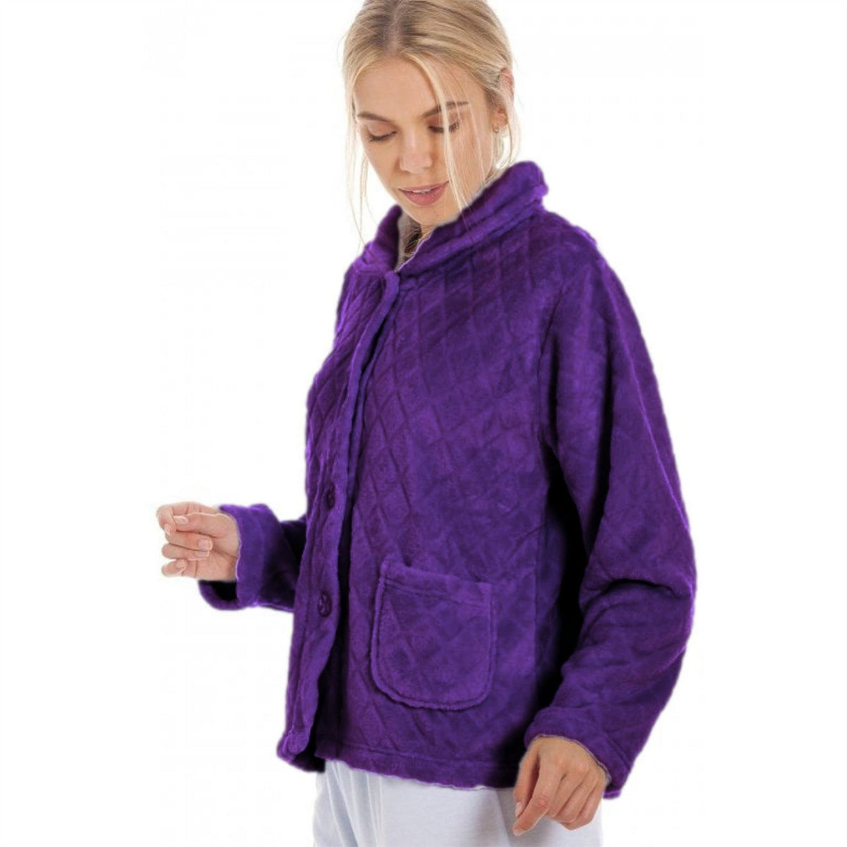 Camille Fleece Diamond Print Bed Jacket With Pockets