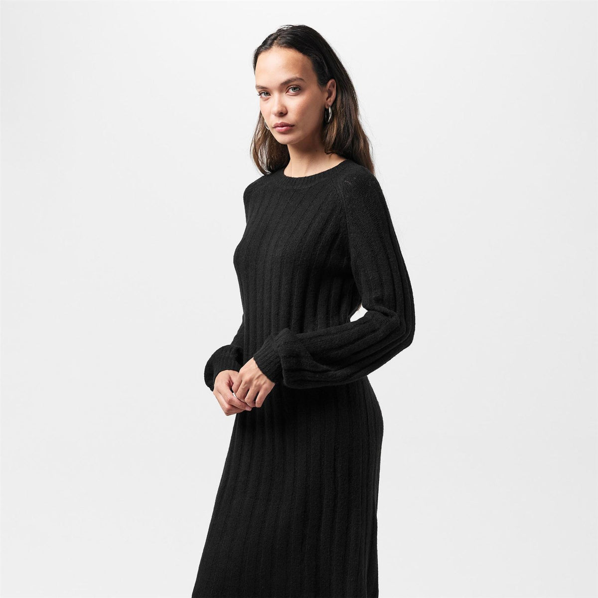 Pieces Knit Crew Neck Ribbed Cuff Midi Sweater Dress