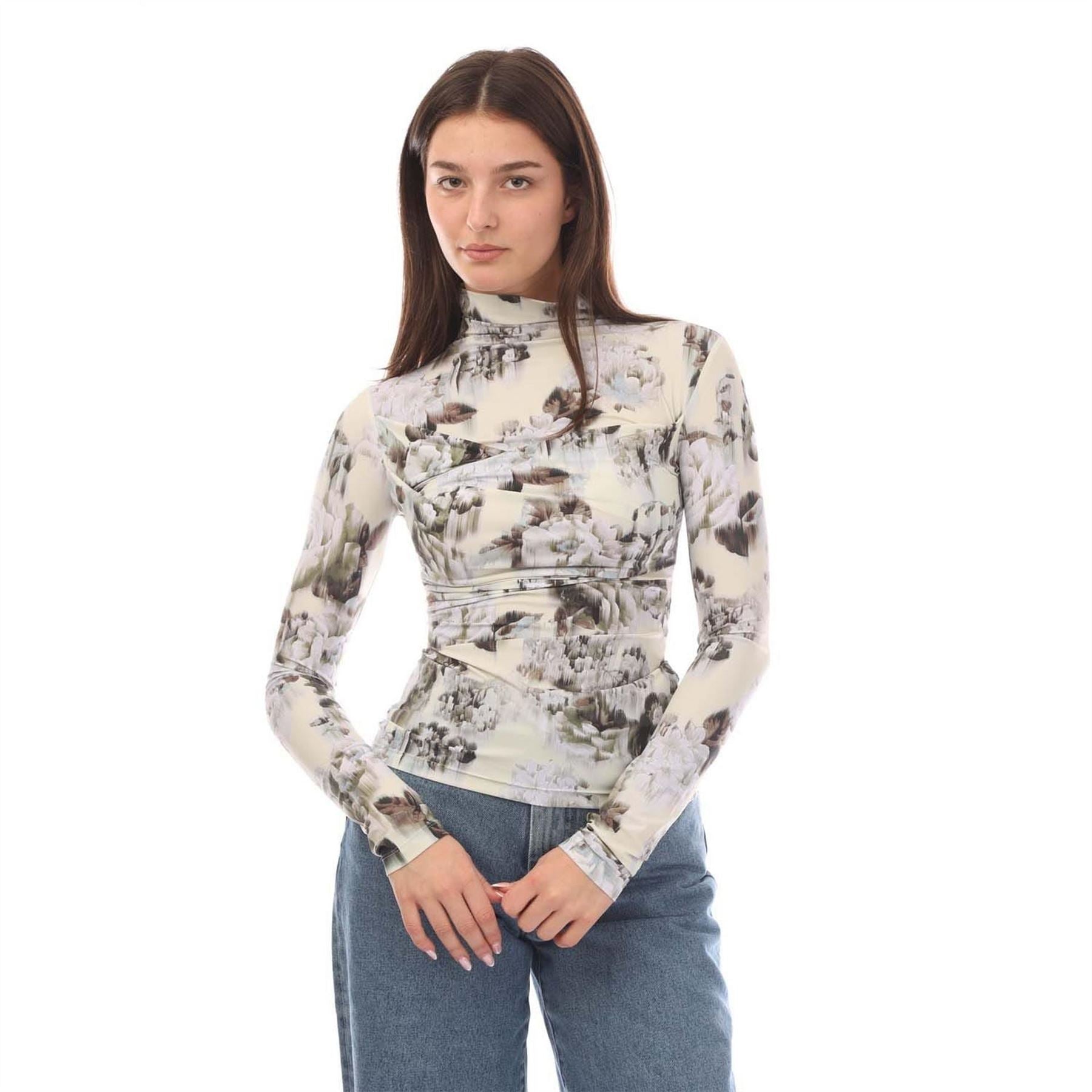 Off White Sec Skin Twist Long Sleeve Top, Chinese Flower Pattern