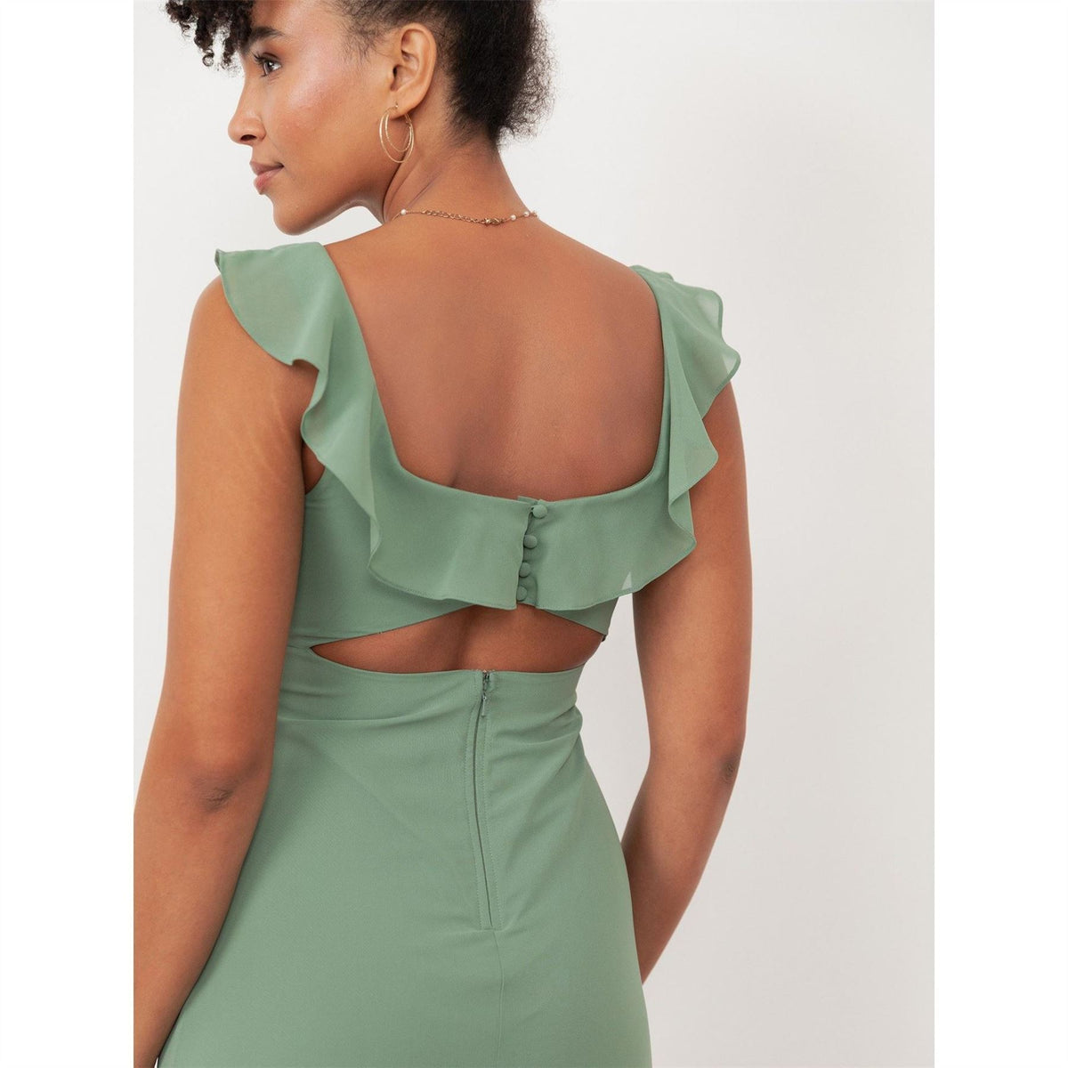 Maya Deluxe Dark Sage Green Embellished Ruffled Maxi Dress With Keyhole Back