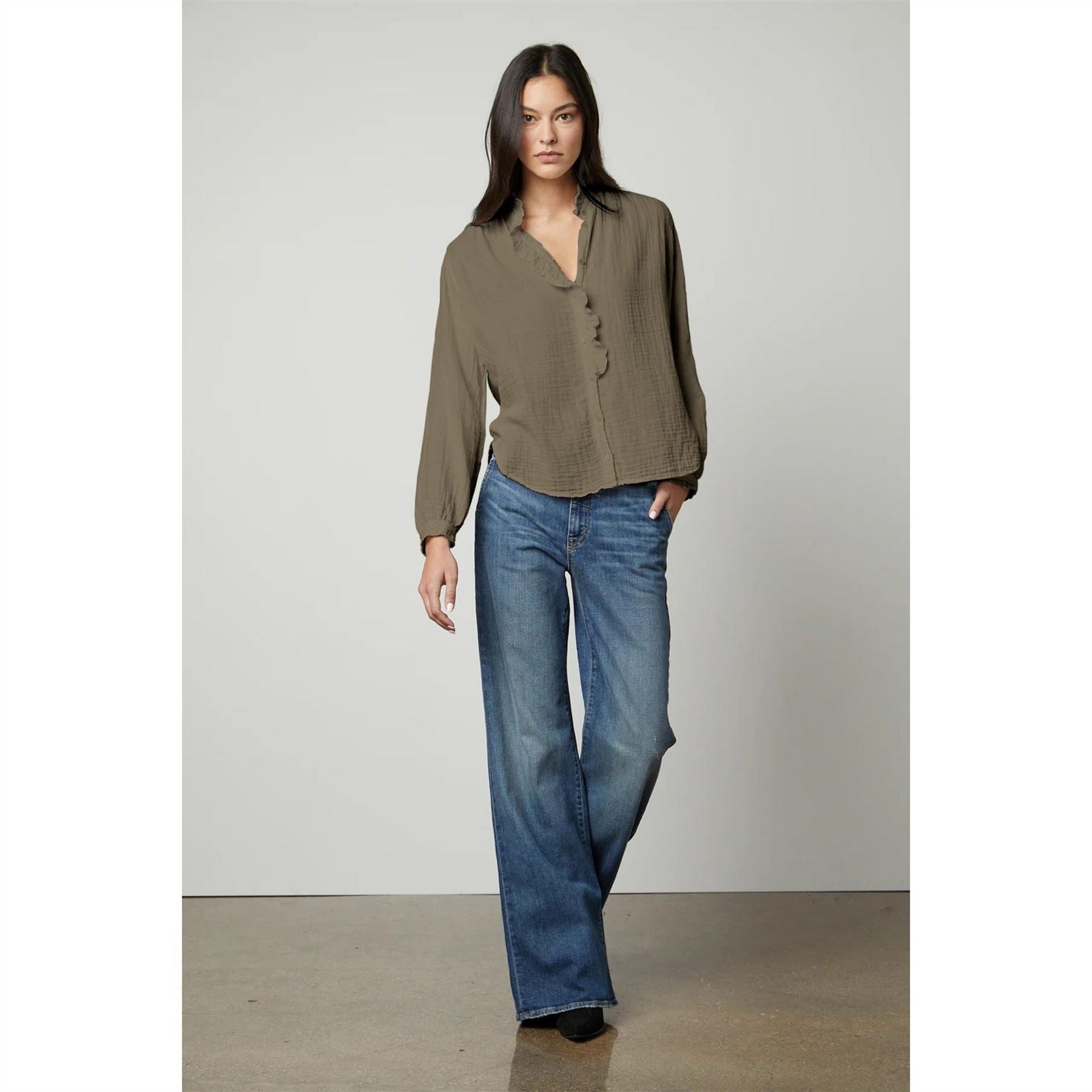 Velvet by Graham and Spencer Regular Fit Puff Sleeve V-Neck Shirt