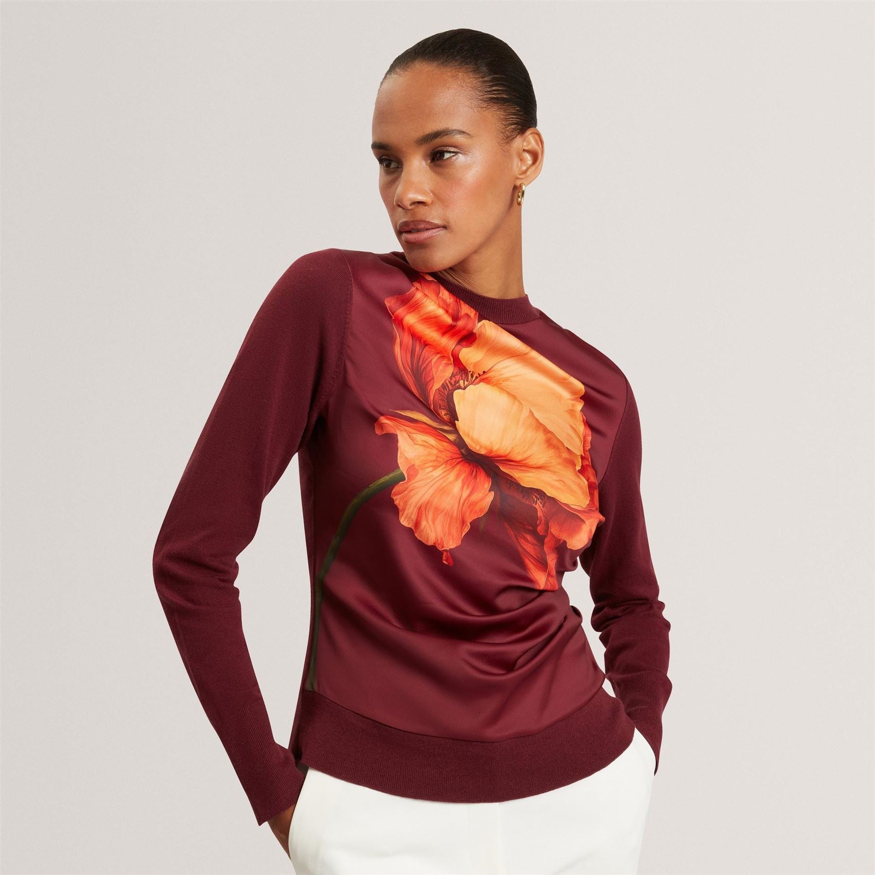 Ted Baker Printed Satin Front Fine Knit Top