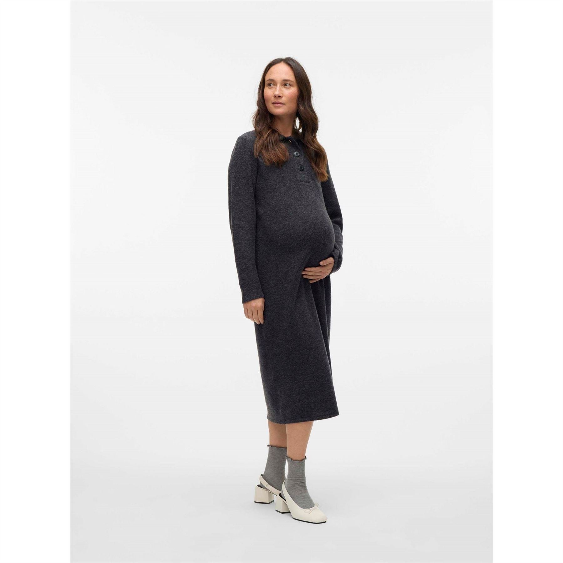 Mamalicious Vmmebba Collared Neck Long Sleeve Midi Dress