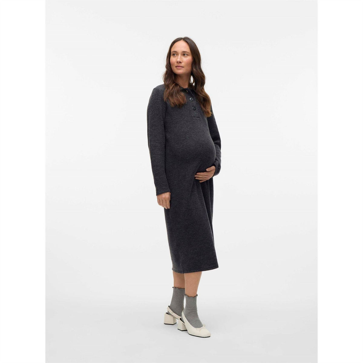 Mamalicious Vmmebba Collared Neck Long Sleeve Midi Dress