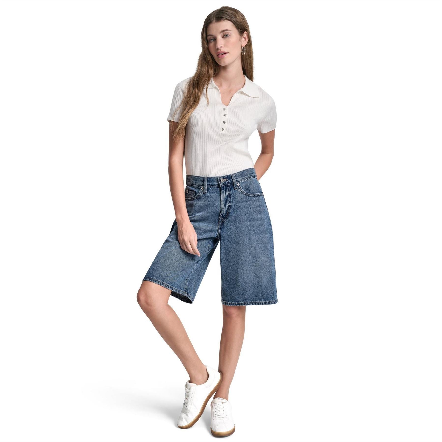 DKNY Jeans Mid Rise Relaxed Bermuda Denim Shorts