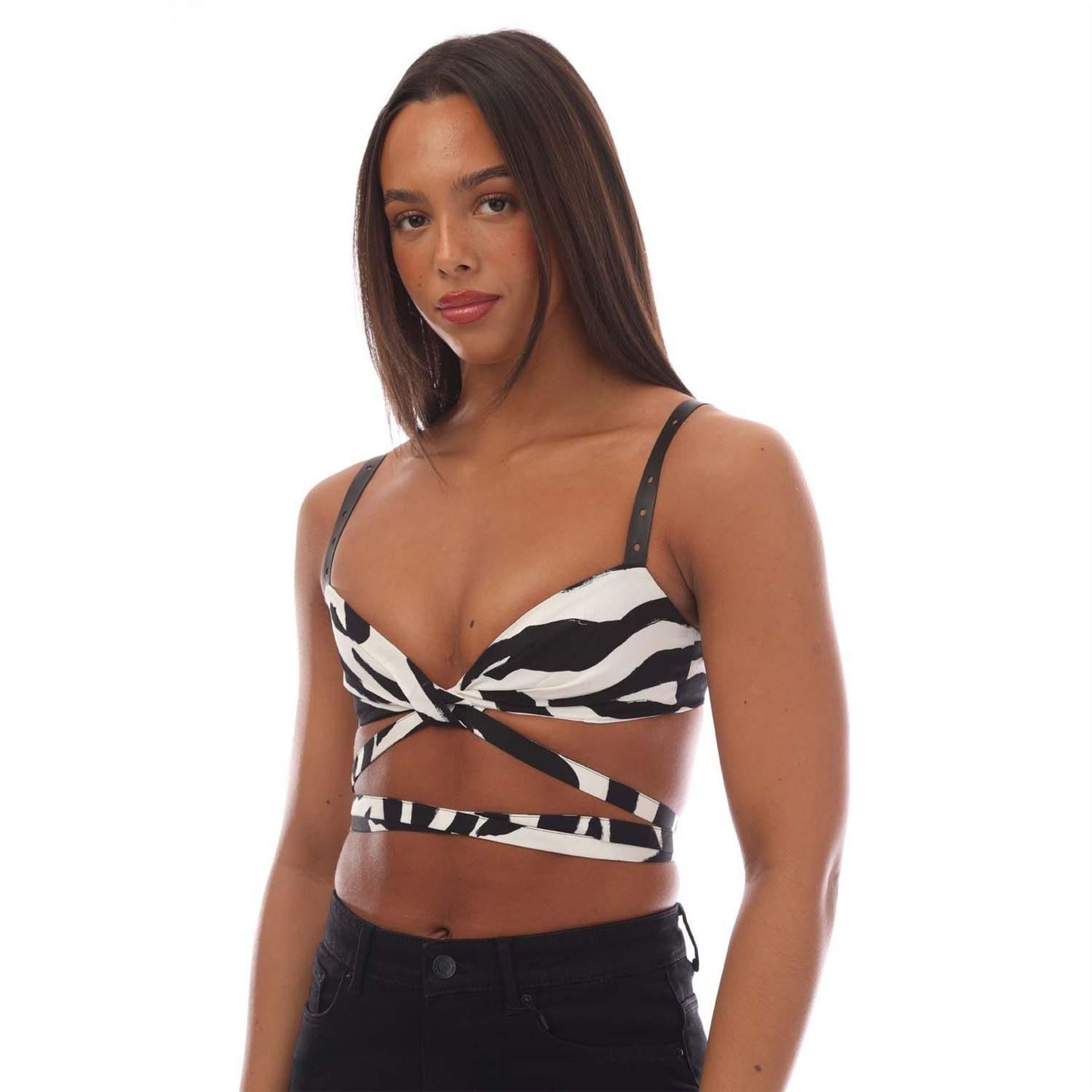 Off White Zebra Vi Twisted Lace Up Bra, Wraparound Design Top