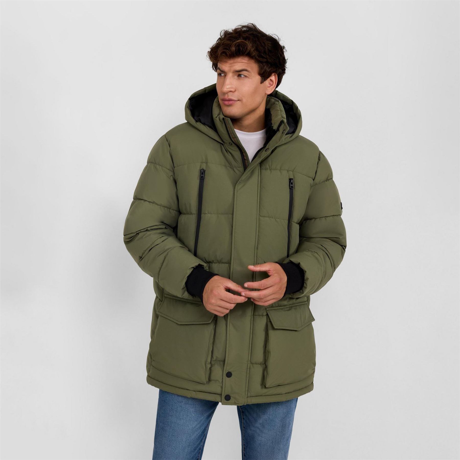 Minoti Men Long Jacket Fleece Lined Zip Pockets Khaki