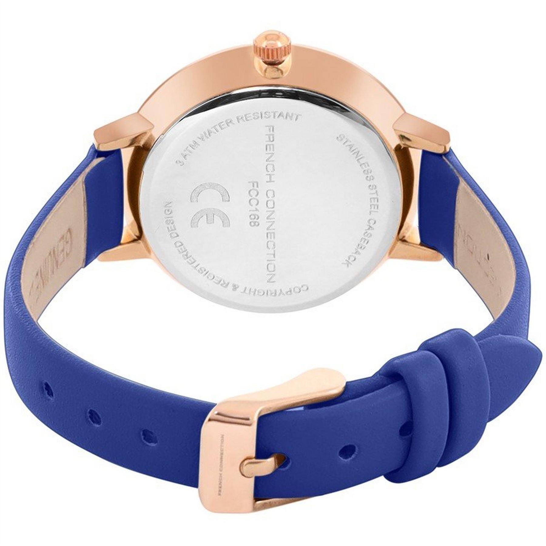 French Connection Connection Rose Case Round Shape Blue Strap Quartz Watch