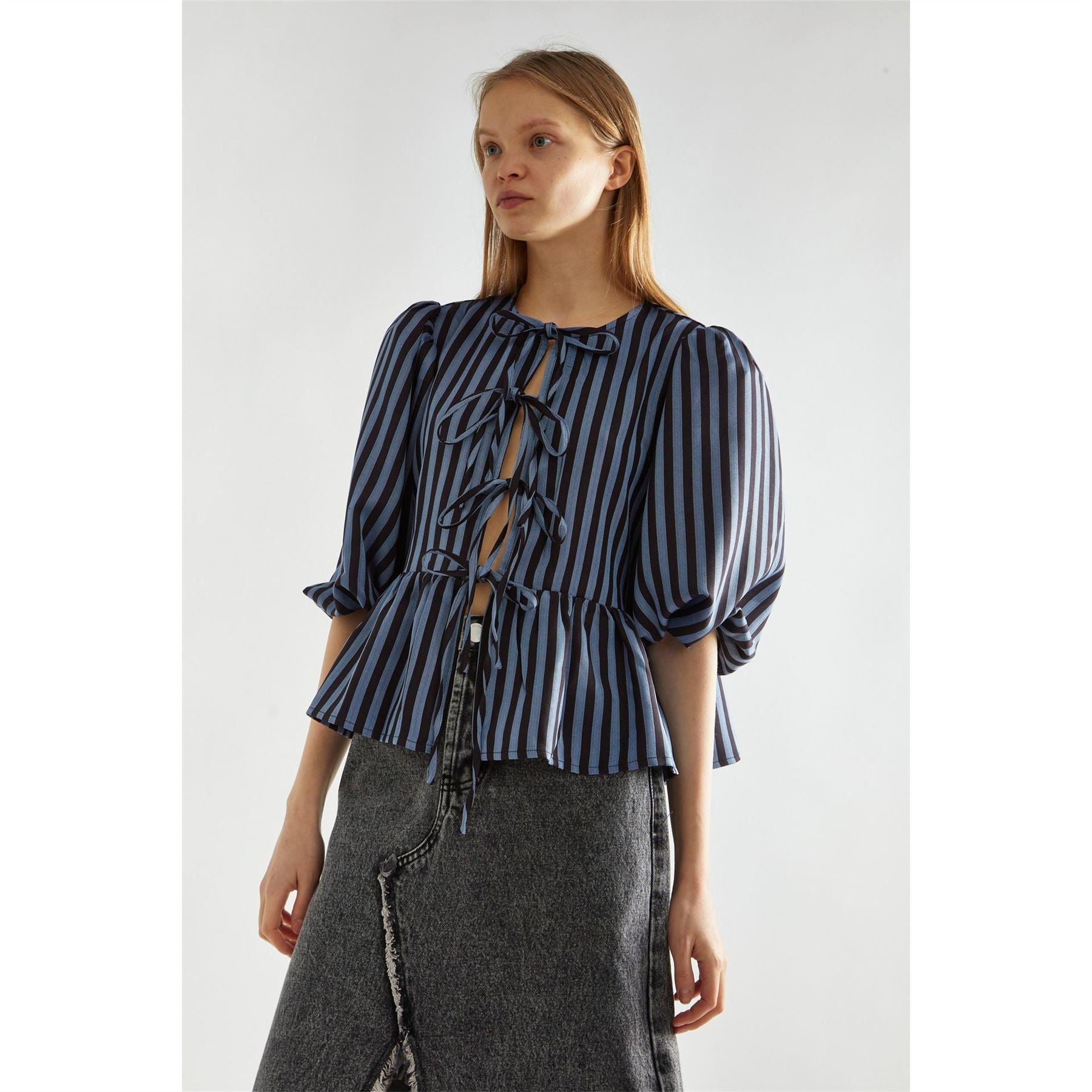 Glamorous Blue Black Stripe Tie Front  Top