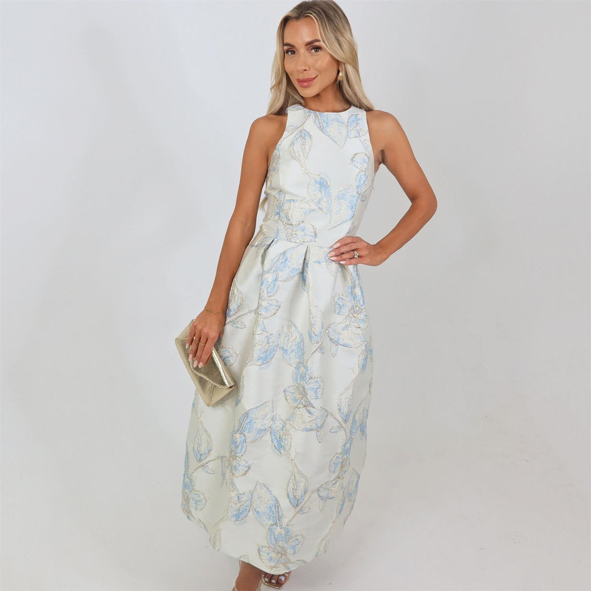 AX Paris Blue Floral Jacquard Racer Neck A Line Midi Dress