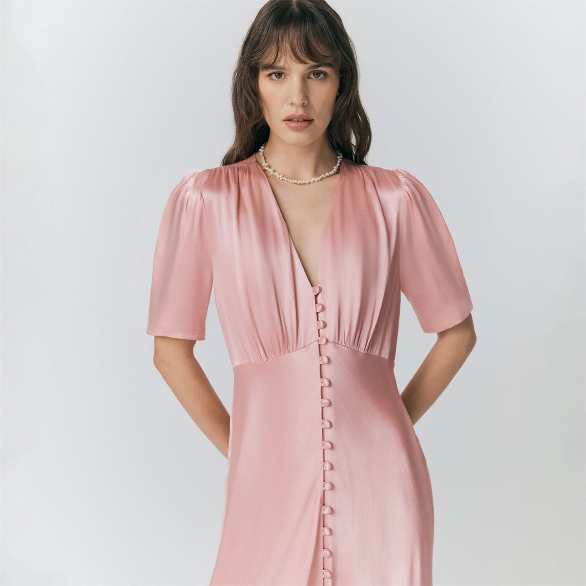 Ghost Satin V-Neck Midi Slip Dress
