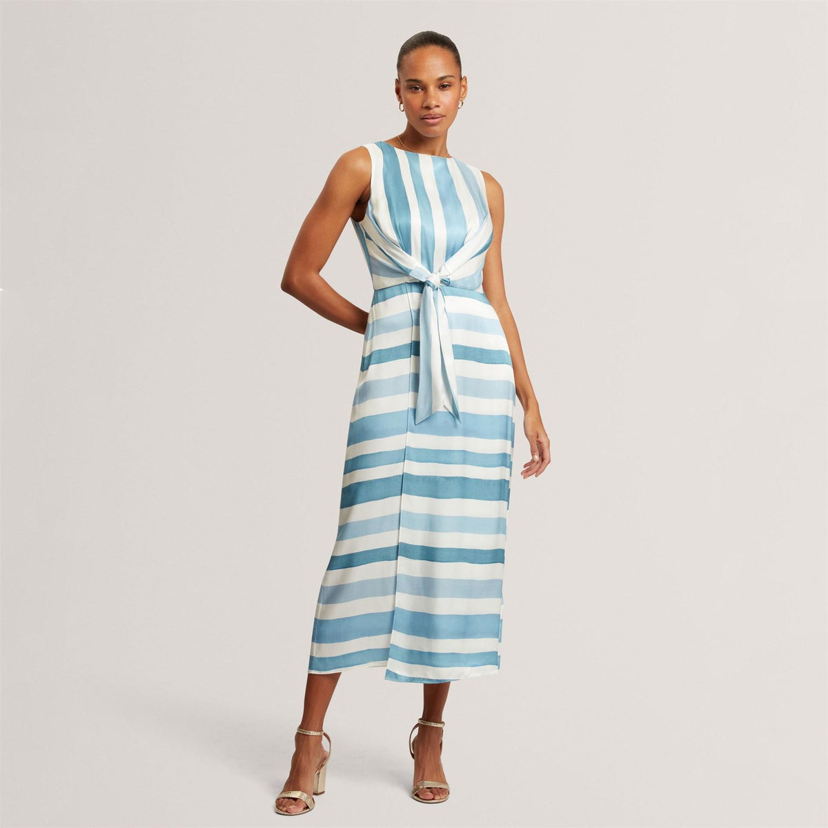 Ted Baker Baker Blue Stripe Tie Front Sleeveless Midi Dress
