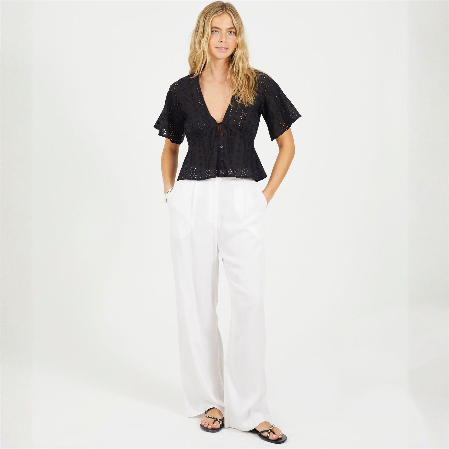 Brave Soul Womens Broderie Anglaise Short Sleeve Shirt With Front Tie Detail