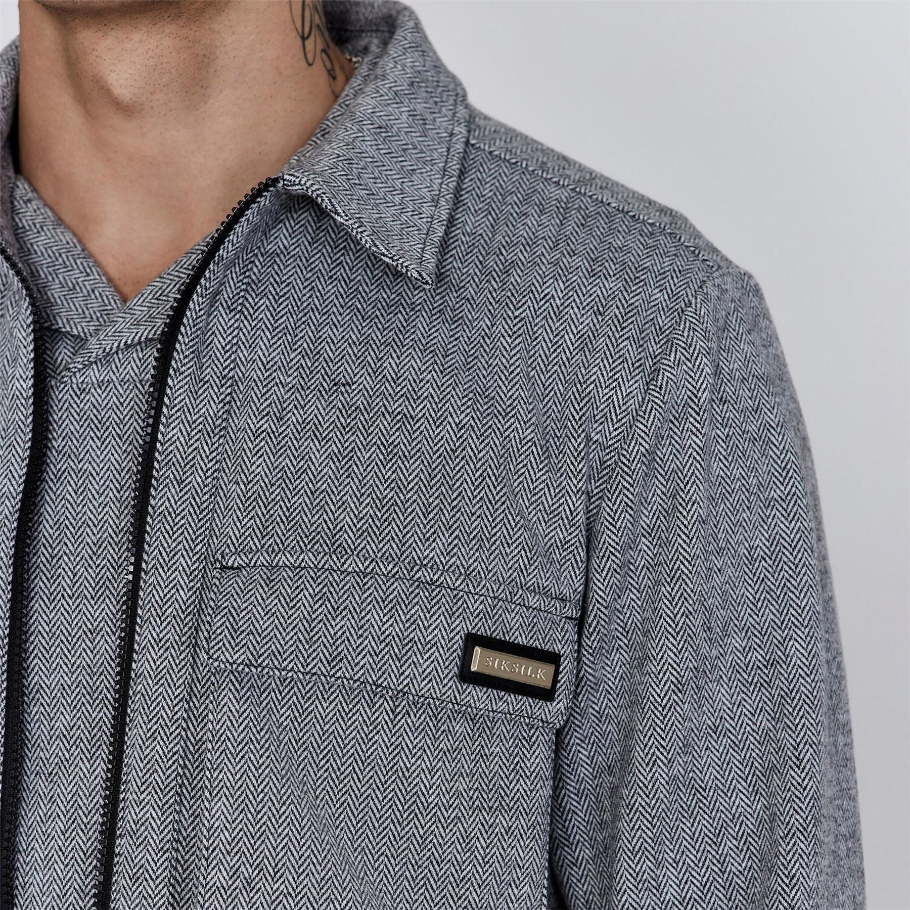 SikSilk Herringbone Snap Button Overshirt with Chest Pocket