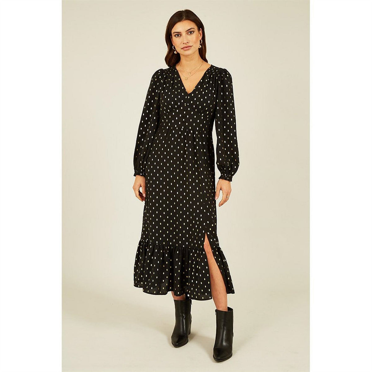 Yumi Foil Print Long Sleeve Midi Dress