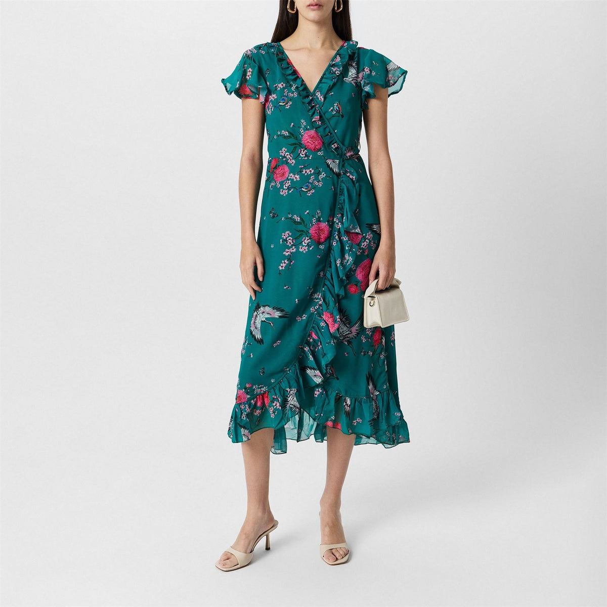 Yumi Crane Print V-Neck Midi Wrap Dress