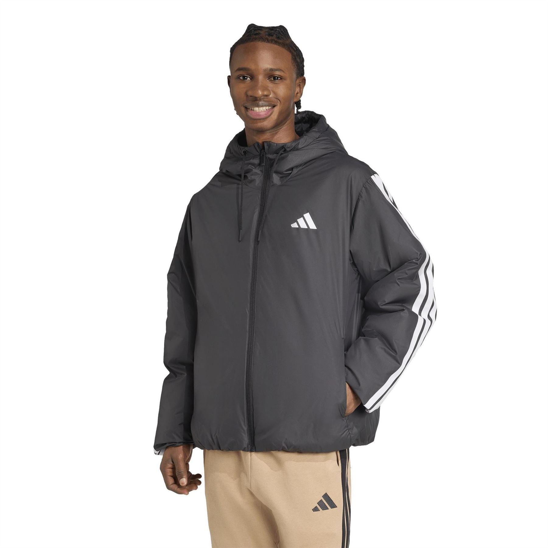 adidas 3 Stripe Essential Waterproof Wind Resistant Long Sleeve Puffer Jacket