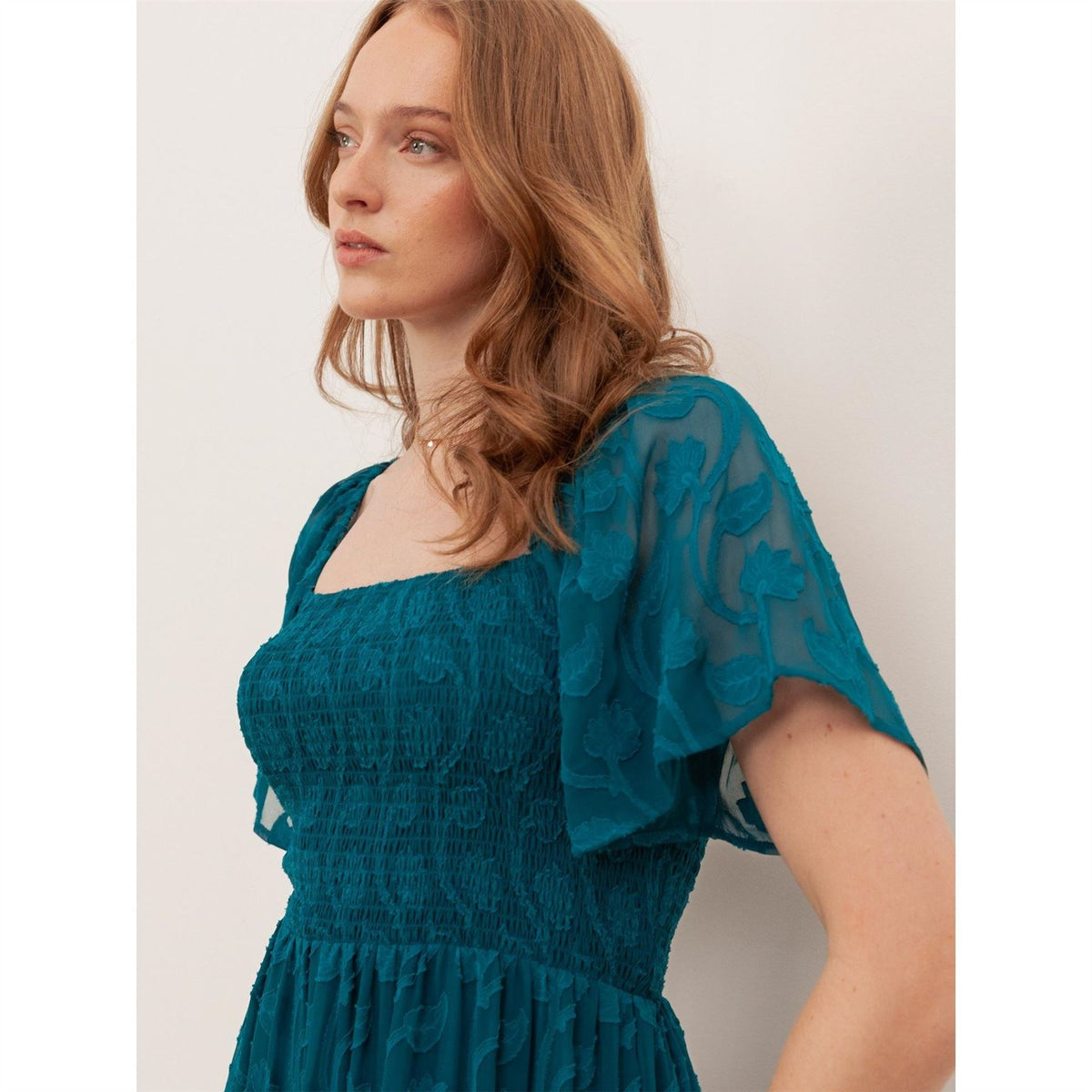 Lovedrobe Teal Floral Burnout Square Neck Shirred Midaxi Dress