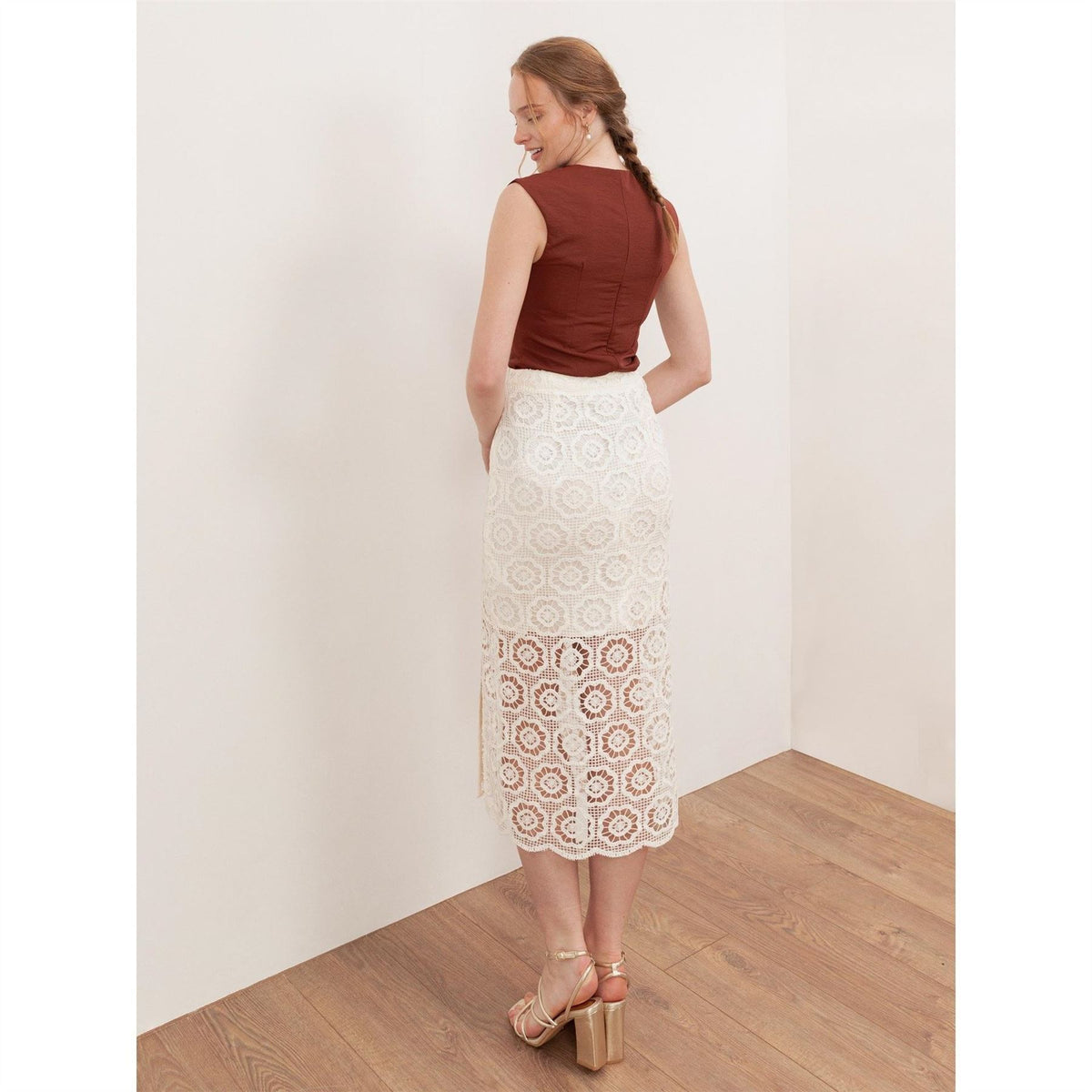 Lovedrobe Cream Crochet Lace Midi Skirt
