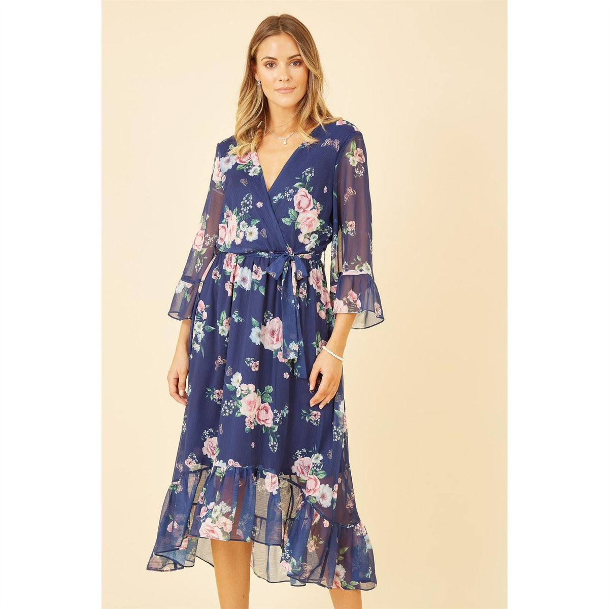 Yumi Floral Wrap Dress With Dipped Hem