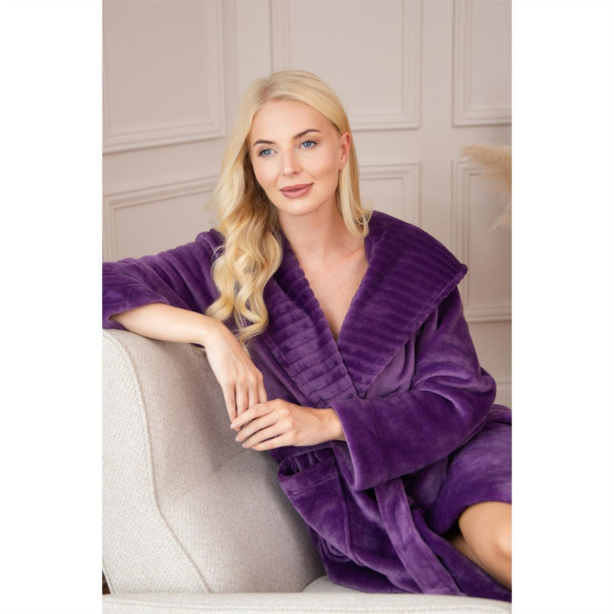 Camille Womens Supersoft Fleece Ribbed Collar Robe