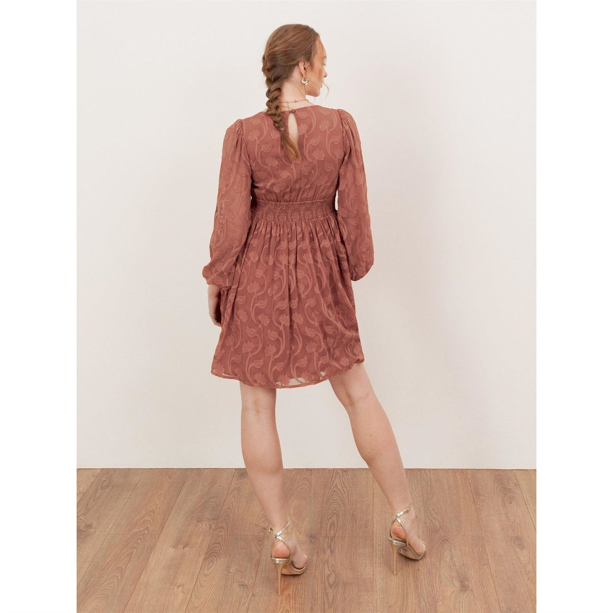 Lovedrobe Terracotta Floral Burnout Maxi Sleeve Mini Dress