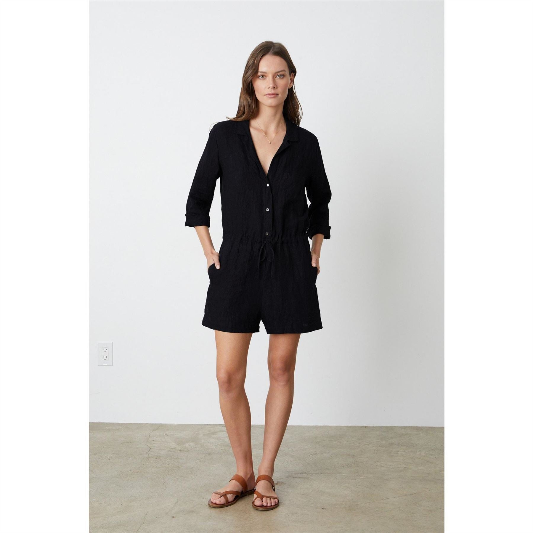 Velvet by Graham and Spencer Collared Neck Three Quarter Sleeve Solid Patterned Playsuit