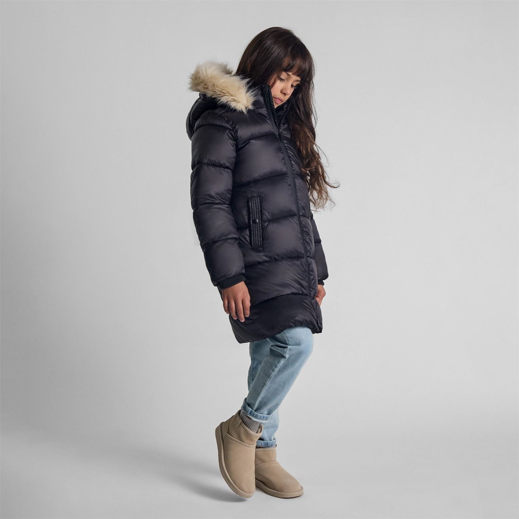 Minoti Girls Long Quilted Winter Coat Hood Black