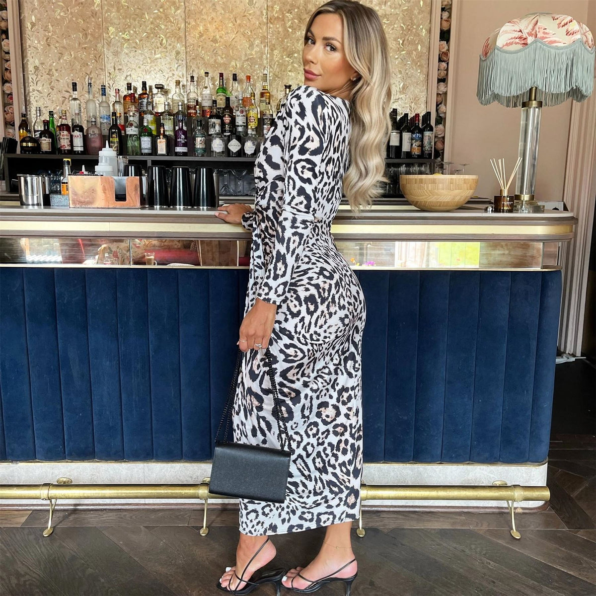 AX Paris Leopard Print Long Sleeve V Neck Knot Drape Midi Dress