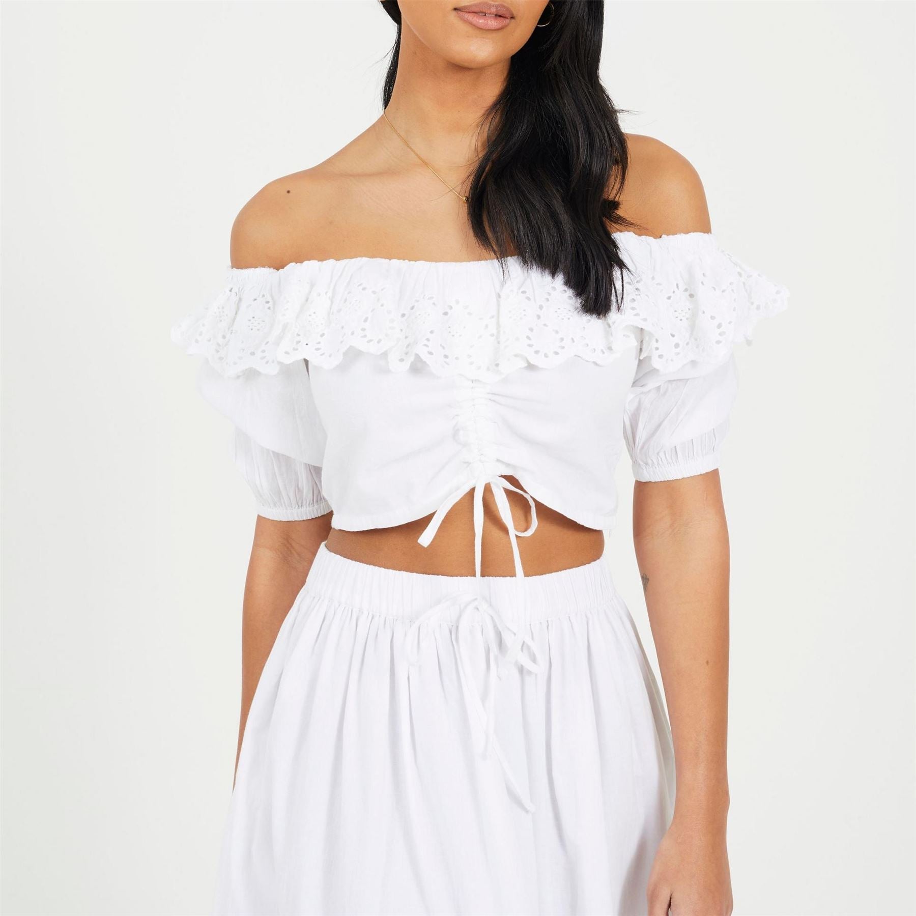 Brave Soul Womens Half Sleeve Cropped Top With Broderie Frill