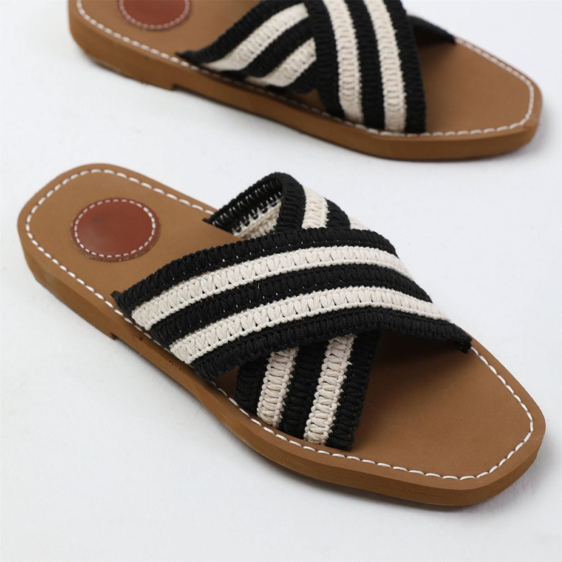 Wheres That From Woven Stripe Patterned Open Toe Slide Sandals