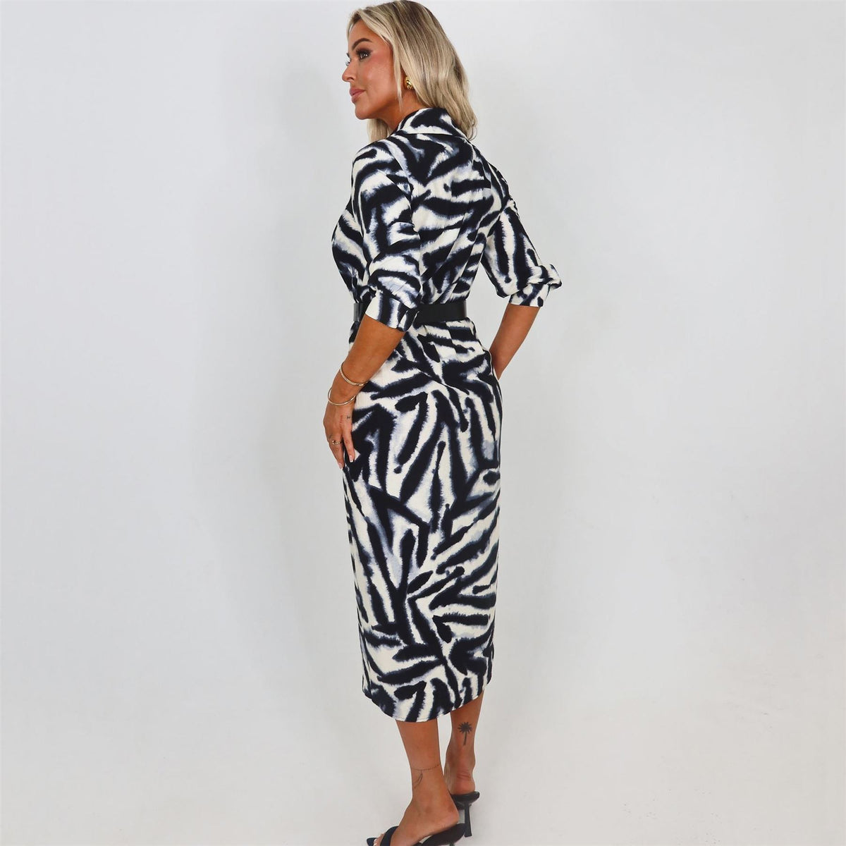 AX Paris And White Animal Print Belted Wrap Shirt Midi Dress