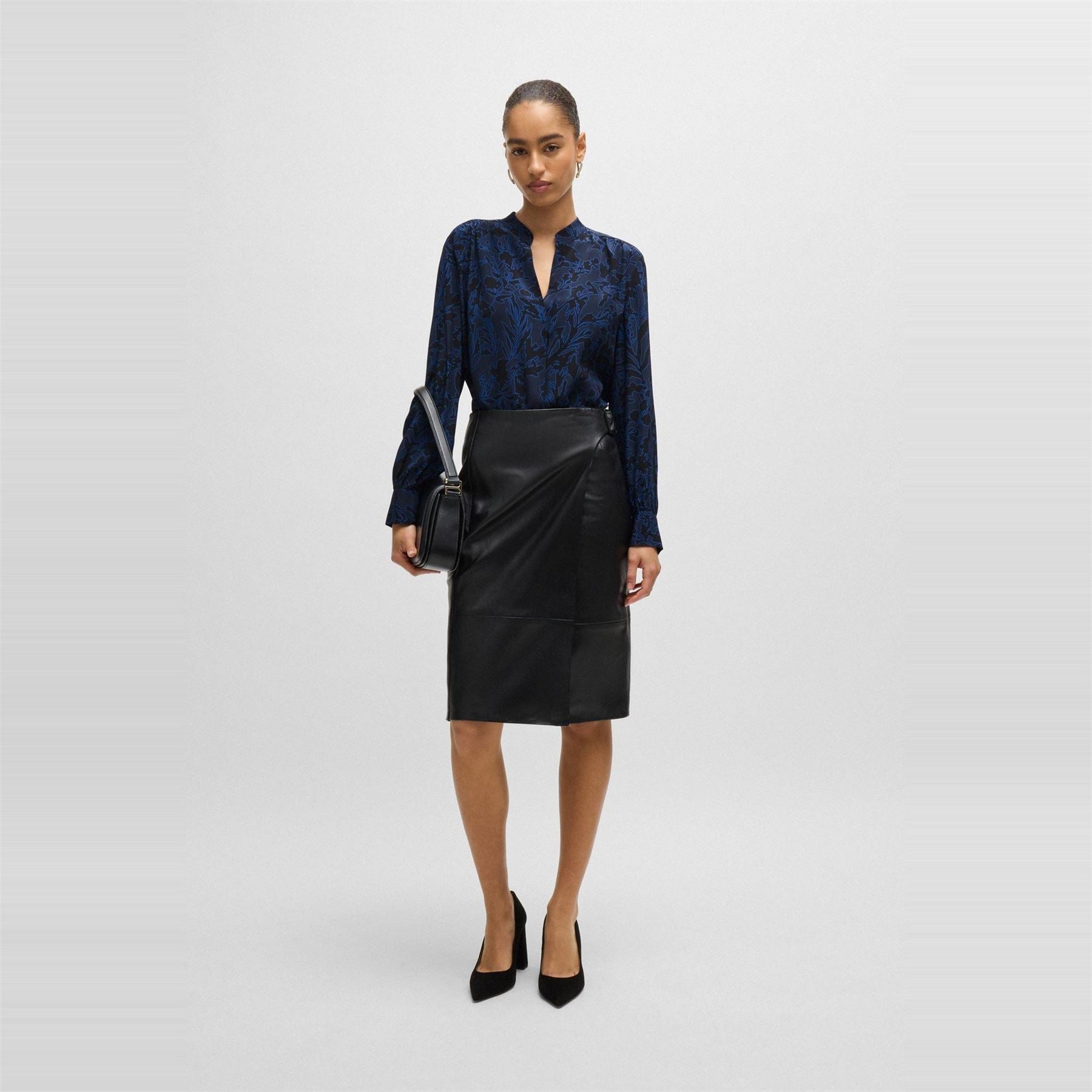 Boss Notched Neck Band Collar Long Sleeve Blouse
