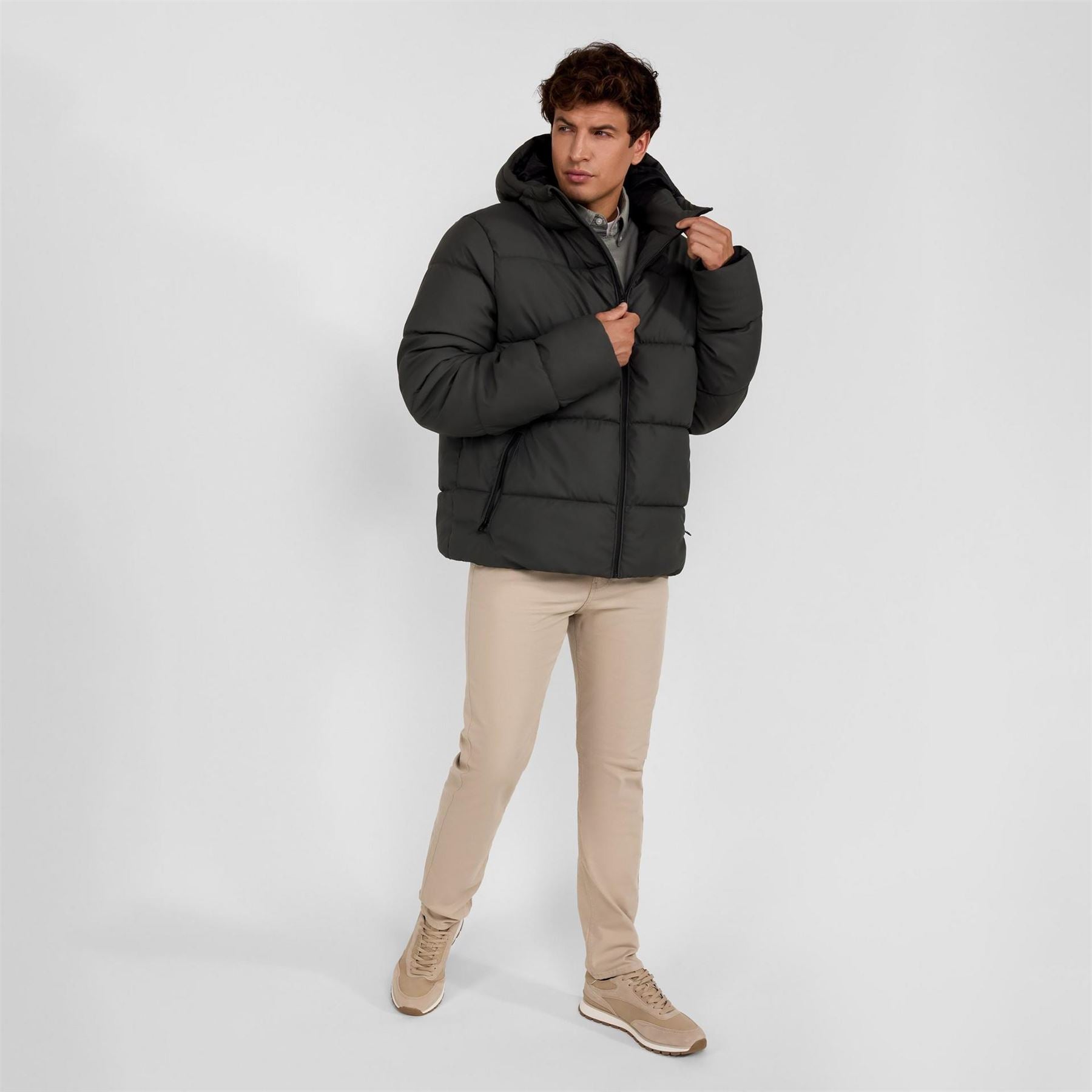 Minoti Men Padded Jacket With Hood Zip Pockets Khaki