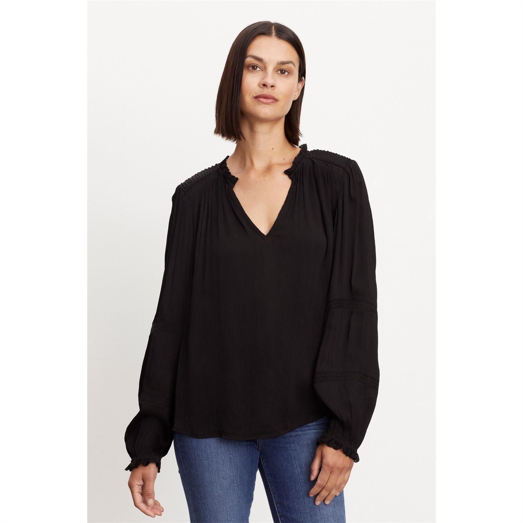 Velvet by Graham and Spencer Lace Detail V-Neck Bishop Sleeve Blouse