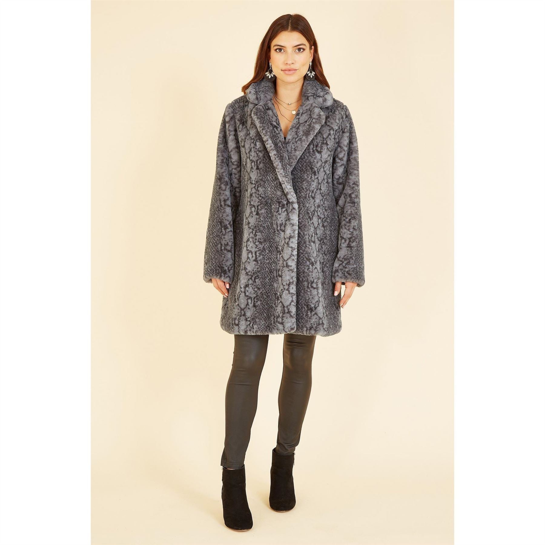 Yumi Snakeskin Print Faux Fur Coat