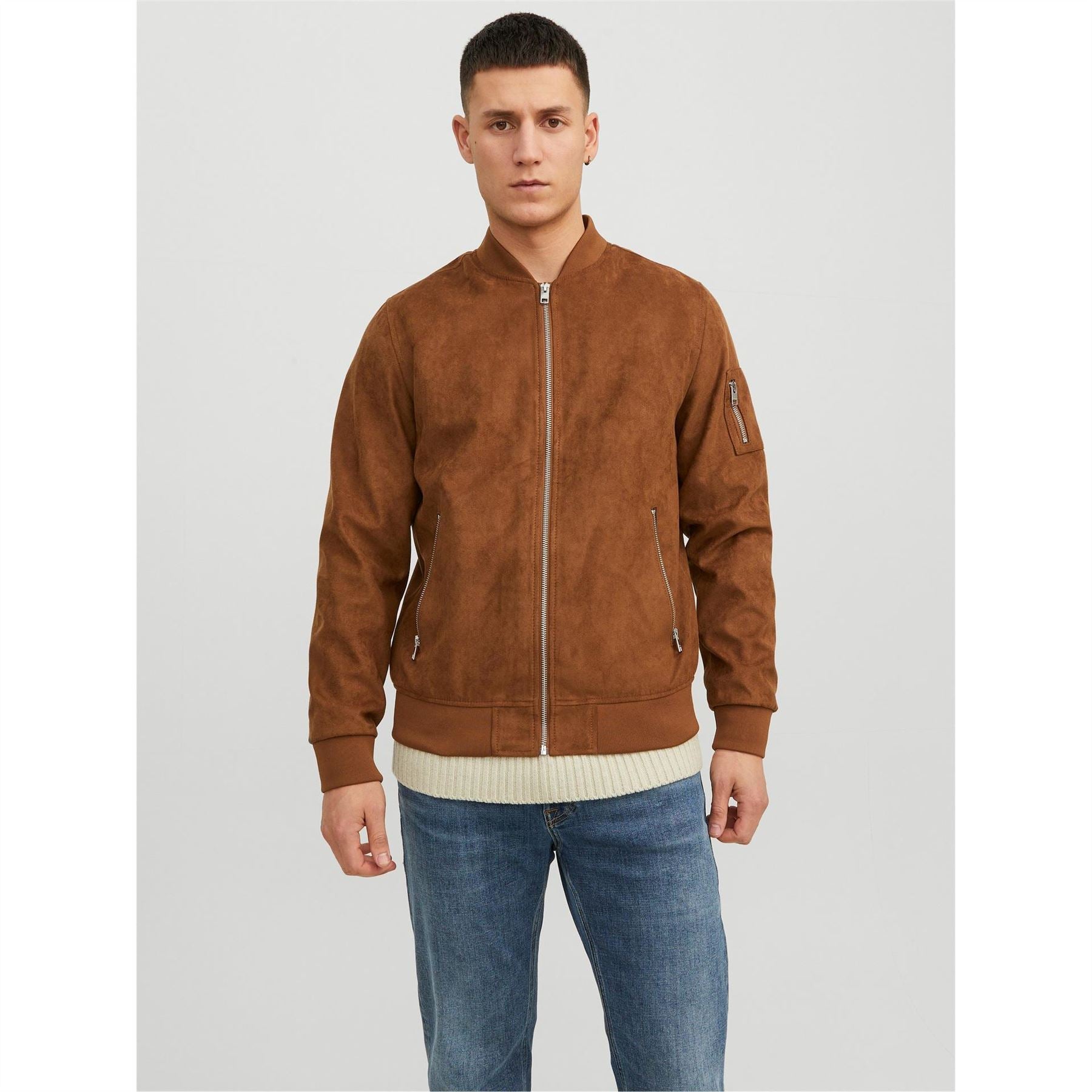 Jack and Jones Faux Suede Bomber Rib Crew Neck Jacket