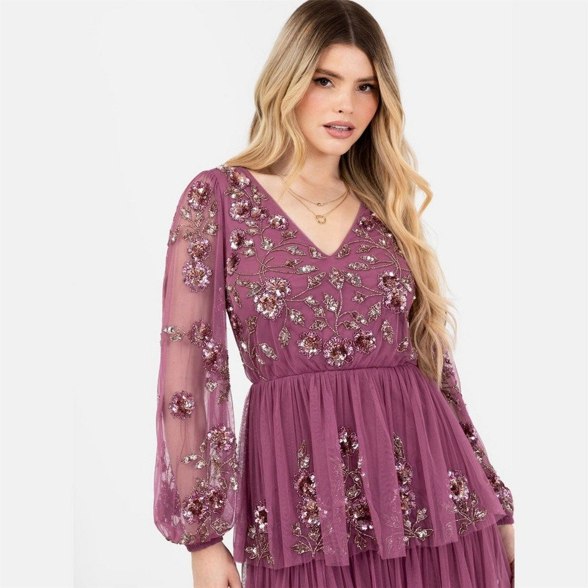 Maya Deluxe Purple Embellished Maxi Sleeve Tiered Maxi Dress
