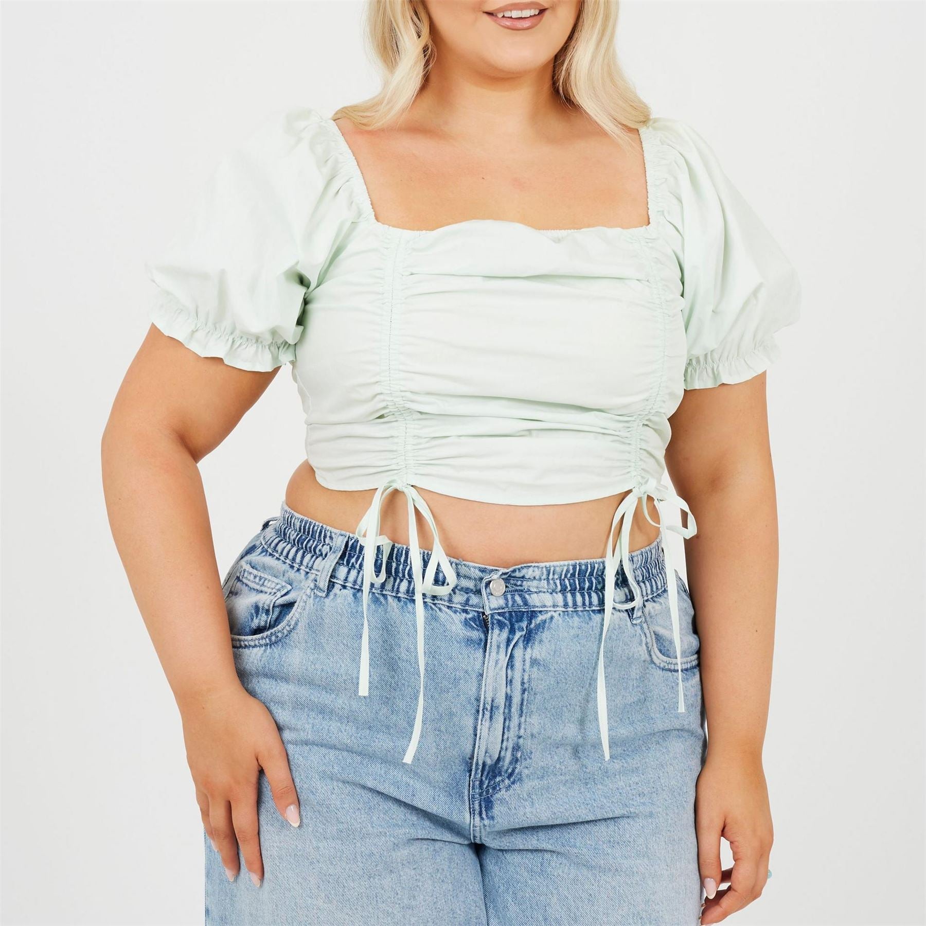 Brave Soul Womens Plus Size Puff Sleeve Top With Ruched And Tie Details.