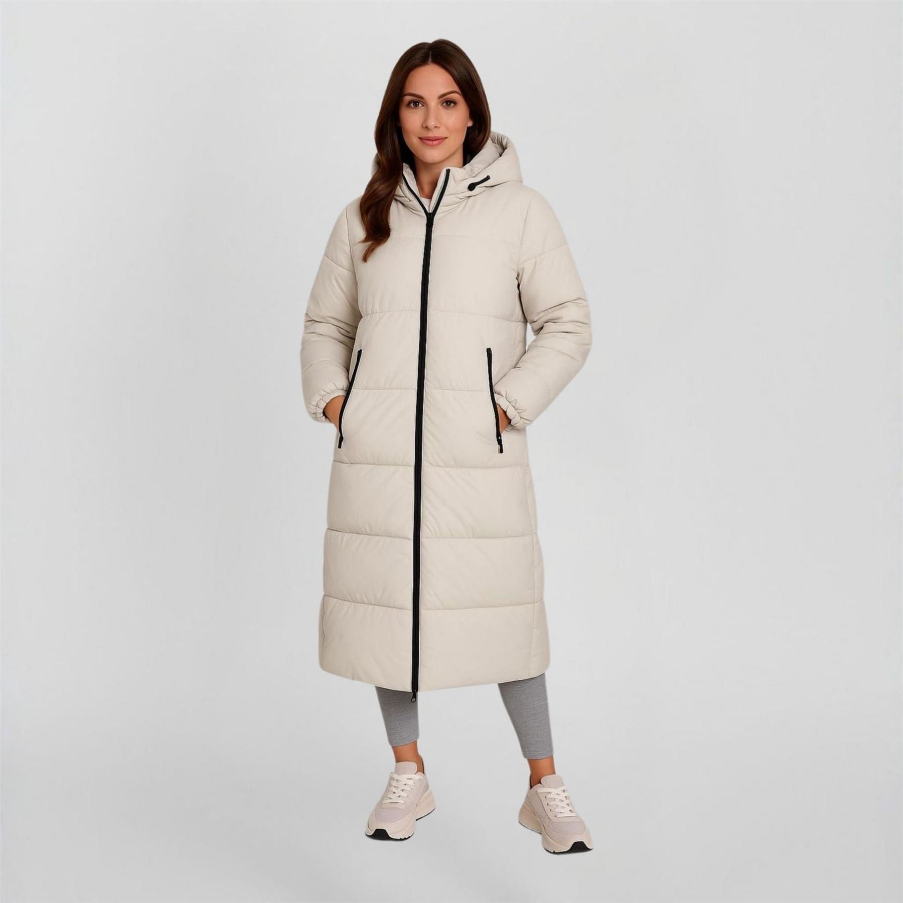 Minoti Long Quilted Winter Jacket With Drawstring Hood And Zippers Cream