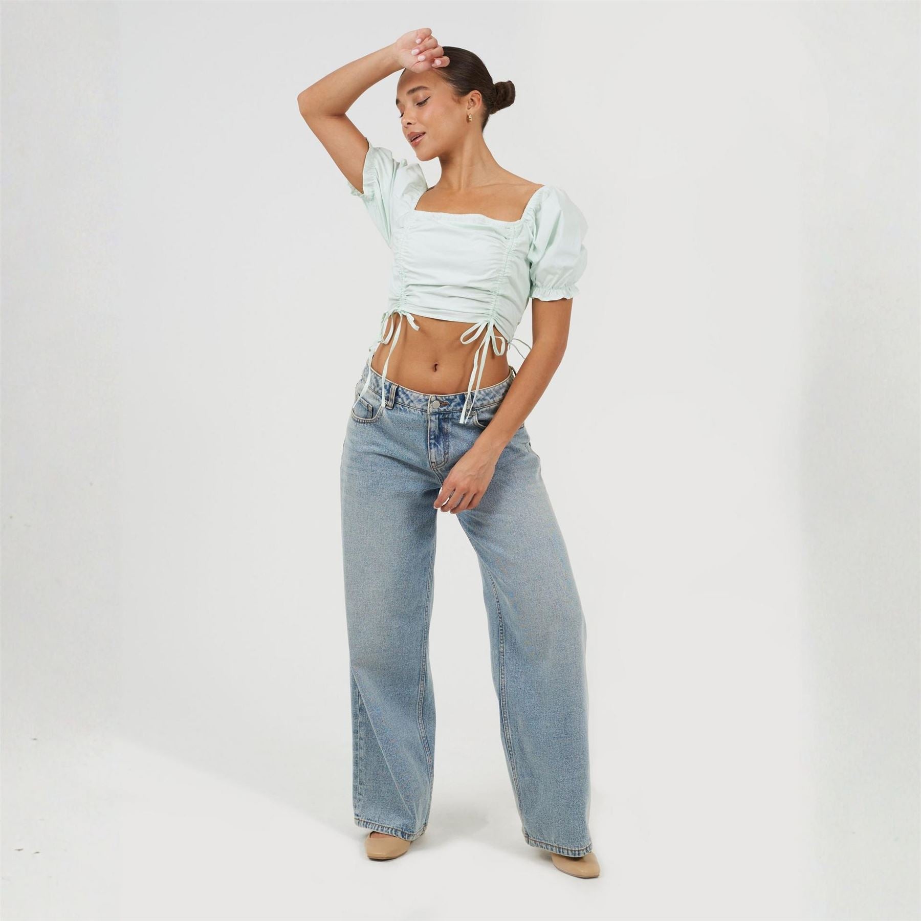 Brave Soul Womens Puff Sleeve Top With Ruched And Tie Details.