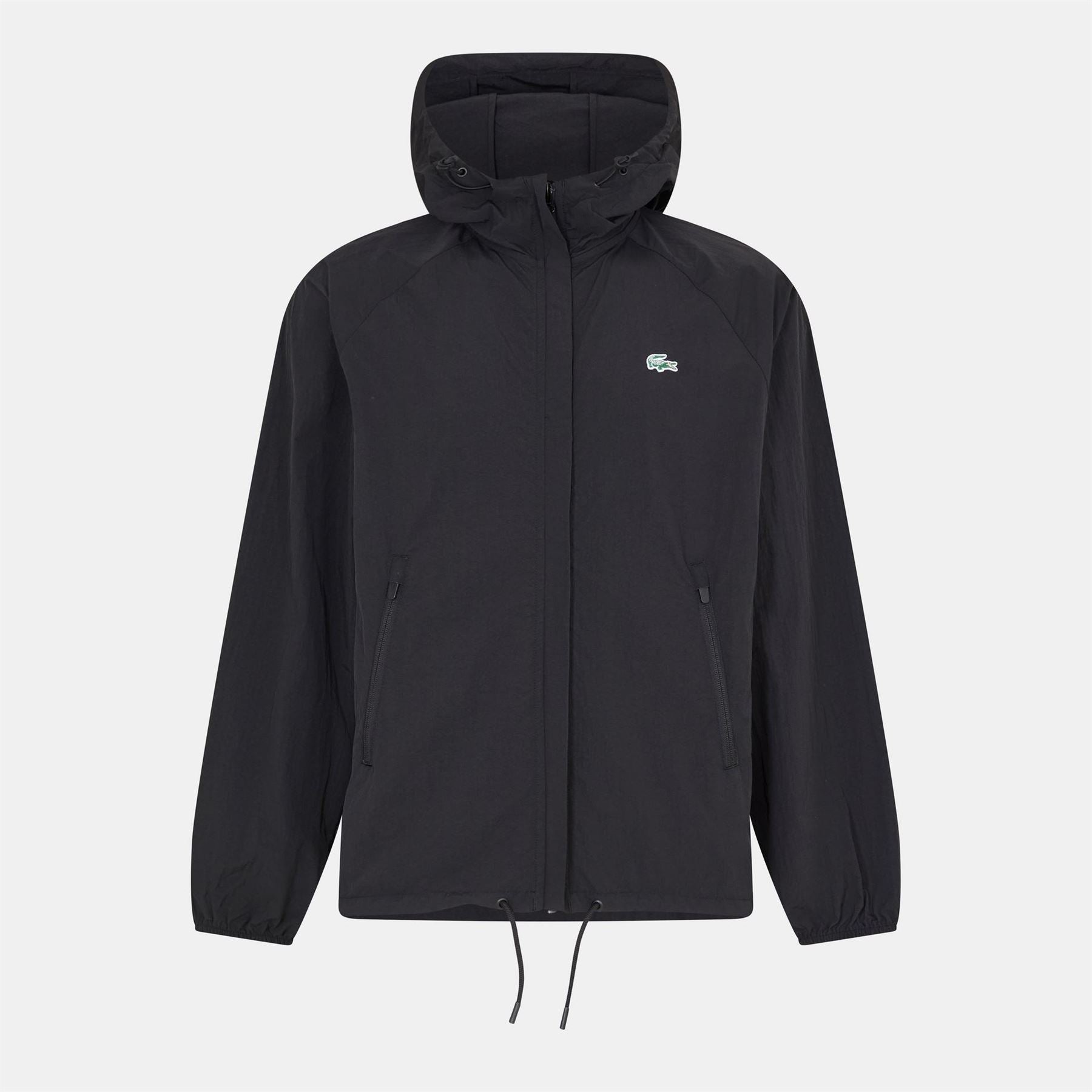 Lacoste Solid Patterned Hooded Drawstring Rain Jacket with Logo