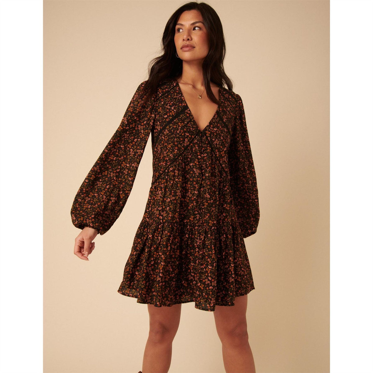 Nobodys Child Marley Ditsy V-Neck Mini Tiered Dress
